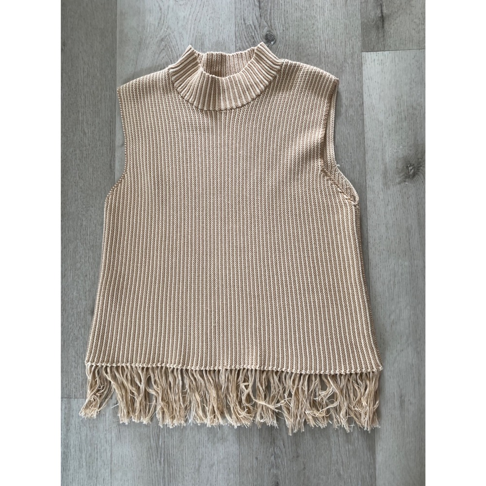 Anna‎ Cate Womens Beige Striped Fringe Hem Mock Neck Knit Sweater Vest Large
